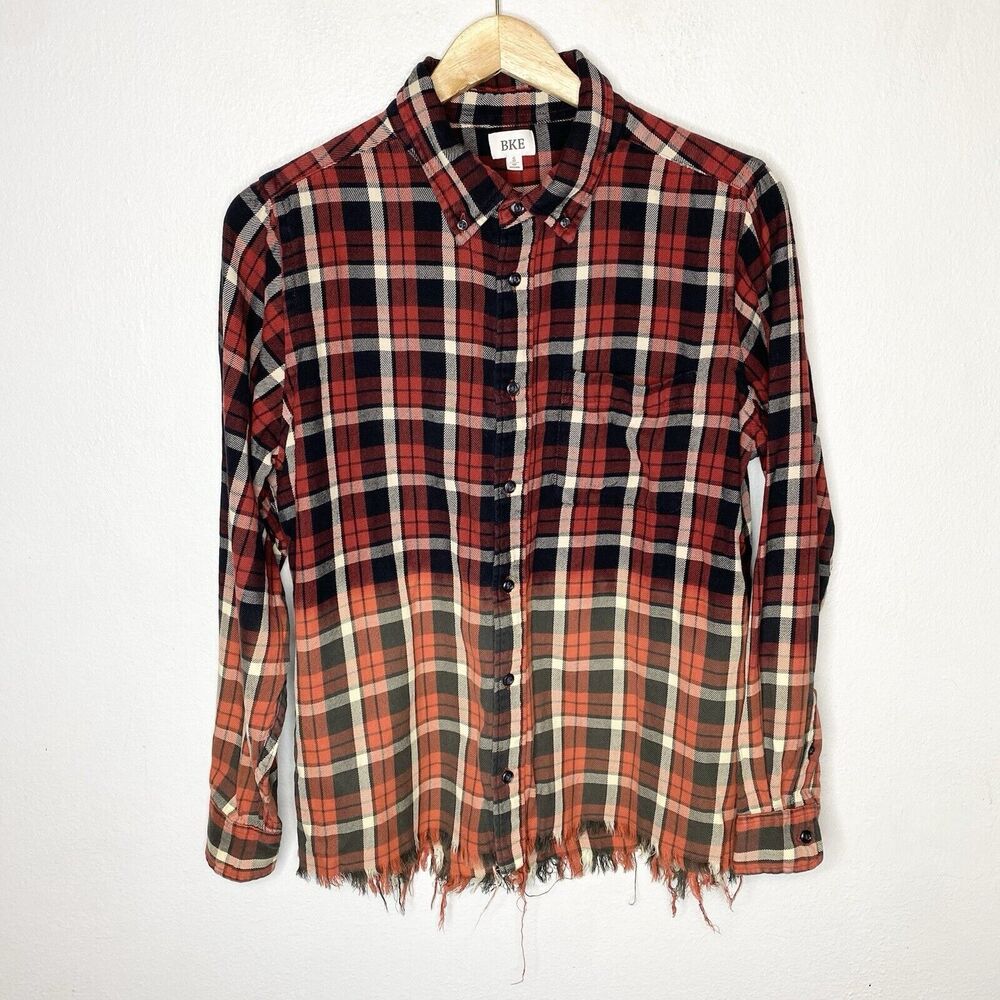 BKE Buckle‎ Red Orange Button Down Plaid Ombré Fade Shirt Raw Hem Men’s Small